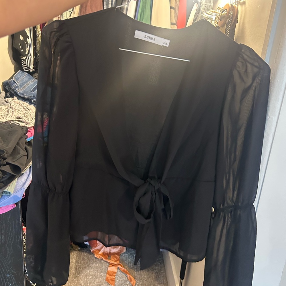 Black Sheer Tie-Front Blouse
